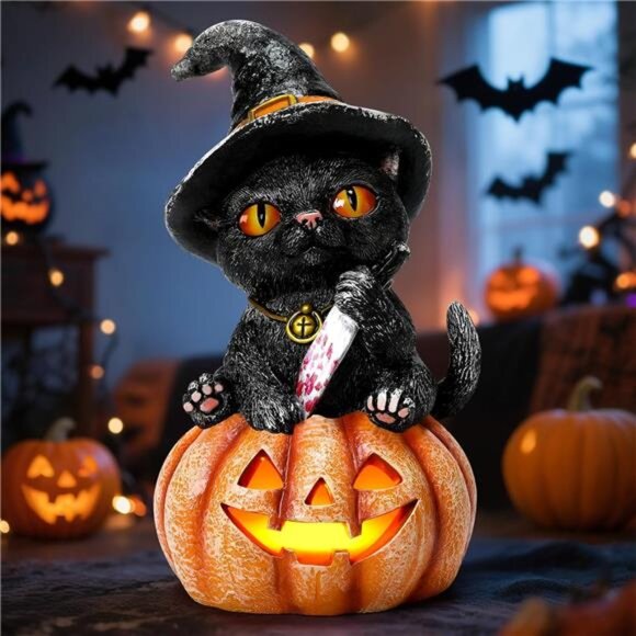 Halloween Decorations Indoor Halloween Decor Resin 7.3” Tall Black Cat on - Picture 1 of 8